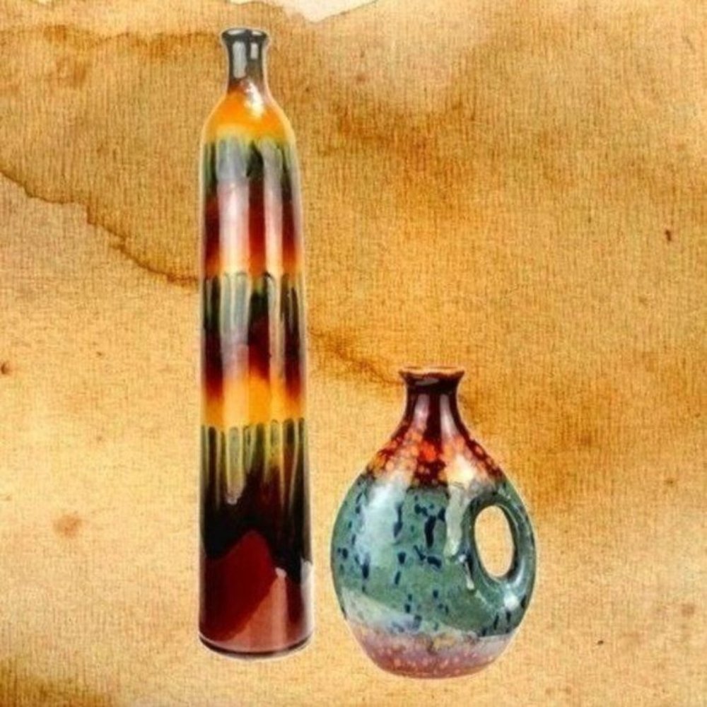 Two (2) Expertly Crafted Full Glazed Handmade Ceramic Earth Tone Studio Vases
